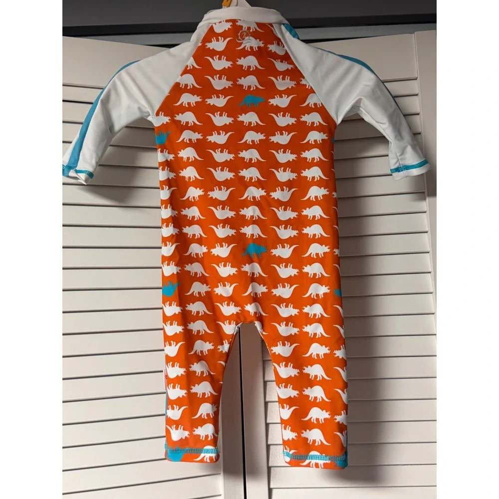 SwimZip Dino Mite Sunsuit Orange Dinosaur UPF 50+ Swimsuit 6-12M Long Sleeve